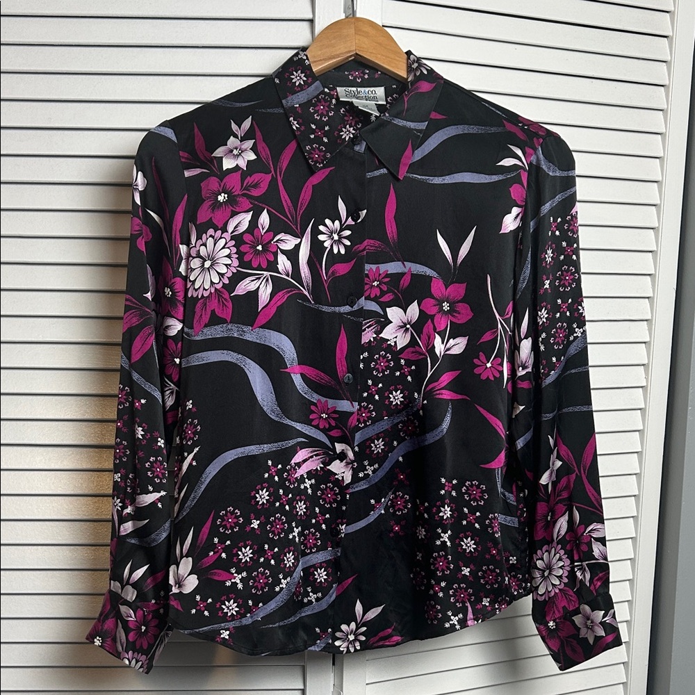 Vintage Silk  Black Pink Purple Floral Button Down Shirt size VTG 10P / M